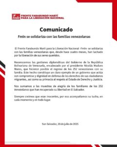 CONTROVERSIAL APOYO DEL FMLN AL RETORNO DE DELINCUENTES DEL TREN DE ARAGUA