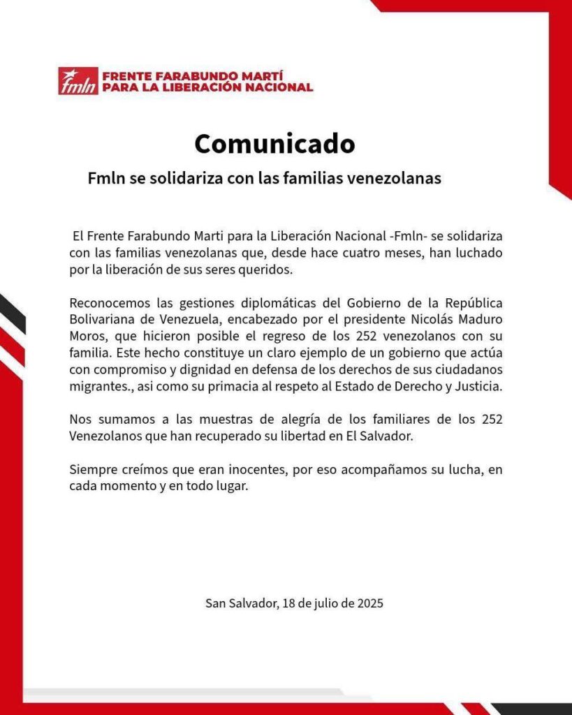 CONTROVERSIAL APOYO DEL FMLN AL RETORNO DE DELINCUENTES DEL TREN DE ARAGUA