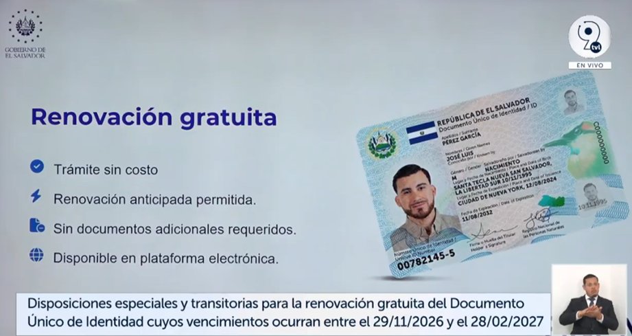 ASAMBLEA LEGISLATIVA APRUEBA GRATUIDAD TOTAL EN RENOVACIÓN DE DUI